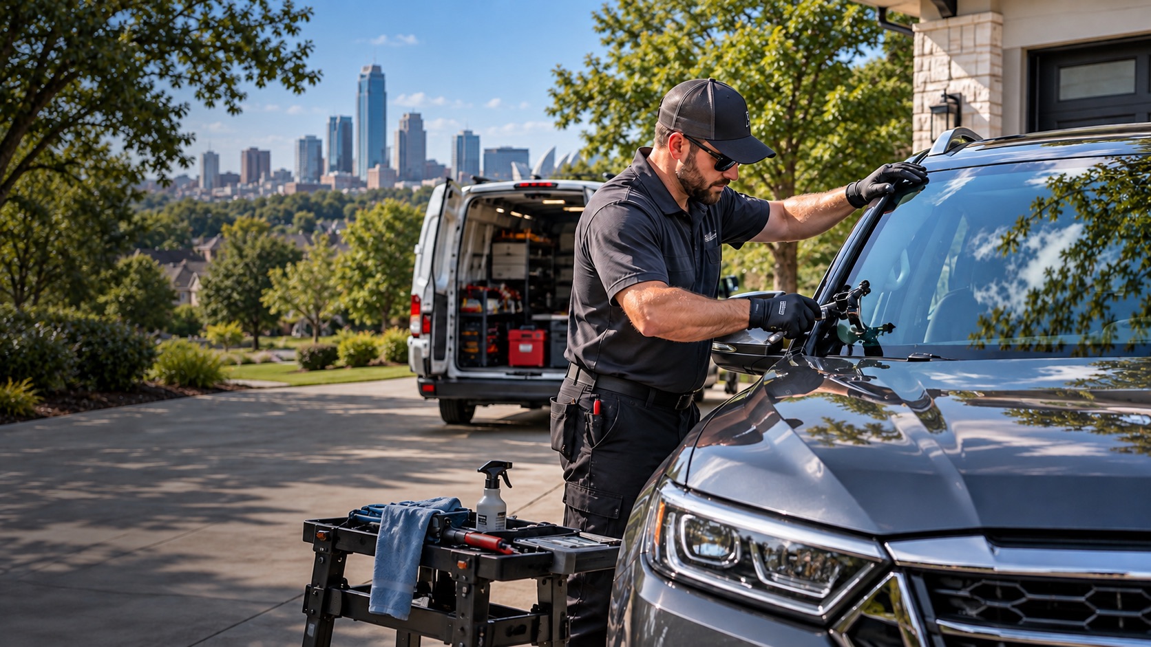 Technician servicing an SUV windshield in Kansas City