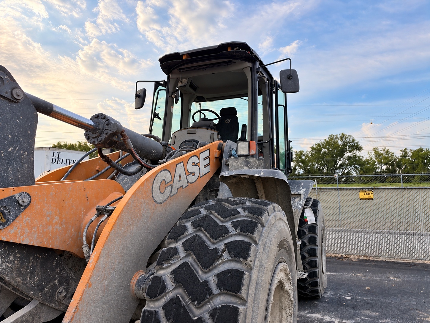 CASE wheel loader before the replacement windshield is installed